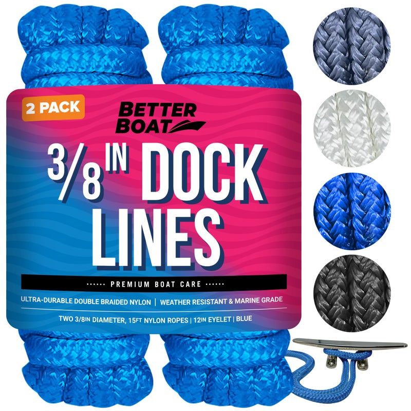 Better Boat Dock Lines Boat Ropes for Docking, 3/8" Double Braided Mooring Marine Rope, 15ft Nylon Rope with Loop, Blue, 2 Pack - Image 1
